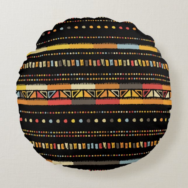 Cojín Redondo Brillantes tiras tribales patrón hecho a mano (Anverso)