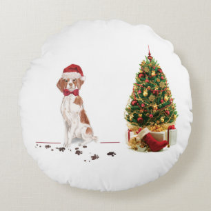 Cojín Redondo Brittany Perro Divertido de Navidad y Árbol