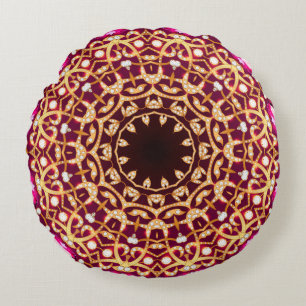 Cojín Redondo Broche Mandala, fondo geométrico vintage.