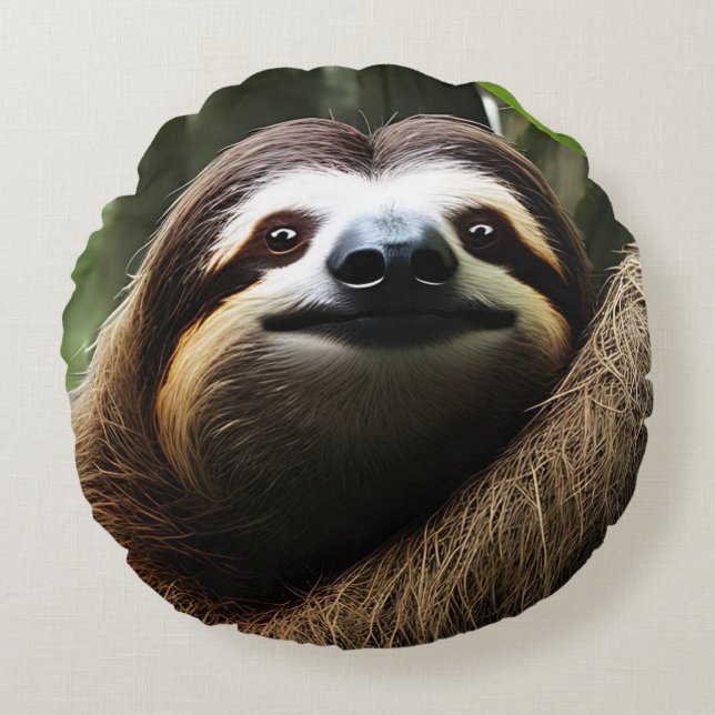 Cojín Redondo Brown Fuzzy Sloth, Bloque de fotos (Anverso)