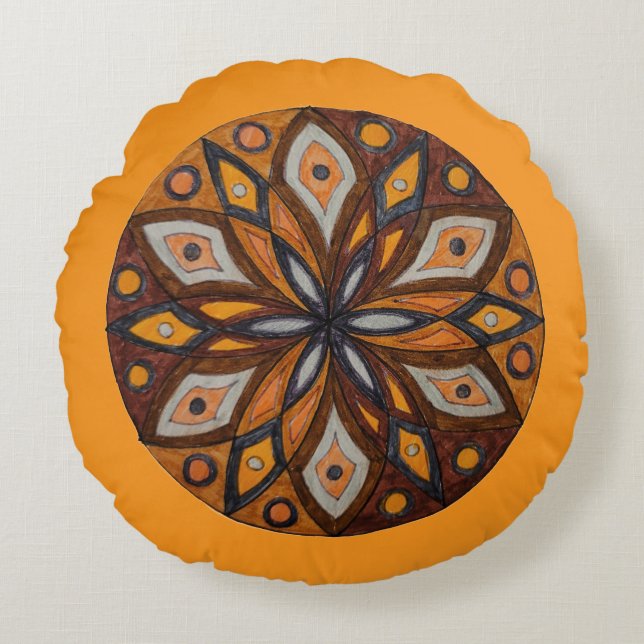 Cojín Redondo Brown/Gray Starburst Mandala Round Throw Pillow (Anverso)