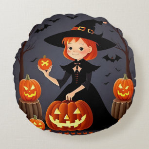 Cojín Redondo Bruja de Halloween con calabazas