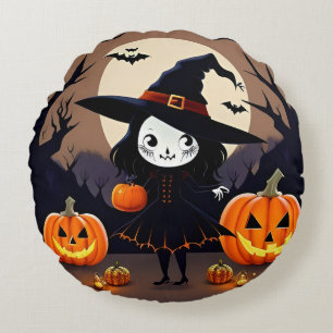 Cojín Redondo Bruja de Halloween con calabazas