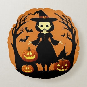 Cojín Redondo Bruja de Halloween con calabazas en un entorno esp