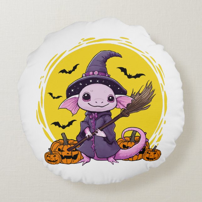 Cojín Redondo Bruja de Halloween de Ajolote Lindo (Reverso)