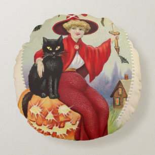 Cojín Redondo Bruja de Halloween y gato negro