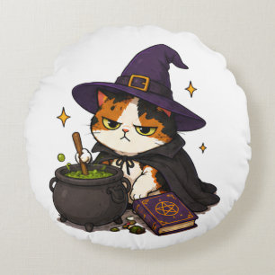 Cojín Redondo Bruja Gato Gruñón Halloween 