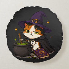 Cojín Redondo Bruja Gato Gruñón Halloween