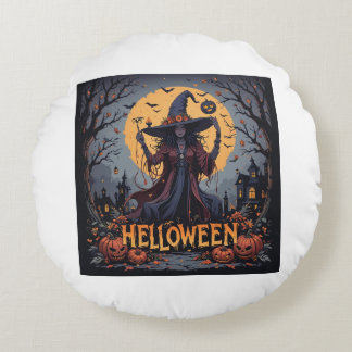 Cojín Redondo Bruja gótica bajo la luna llena - Halloween oscuro