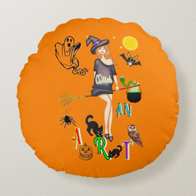 Cojín Redondo Bruja y arte (Anverso)