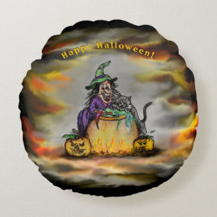 Cojín Redondo Bruja y gato negro, ¡Feliz Halloween!