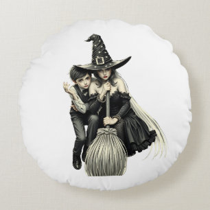 Cojín Redondo Bruja y niño de Halloween: Dúo mágico oscuro