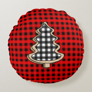 Cojín Redondo Buffalo Plaid, Red Gingham Christmas Trees