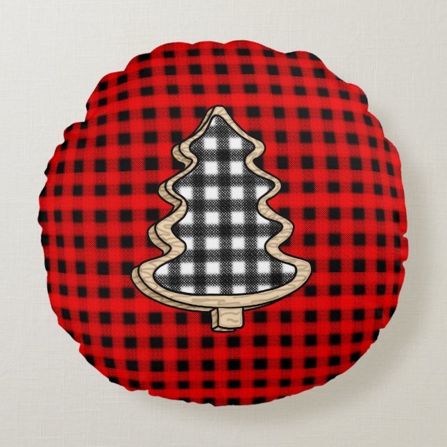 Cojín Redondo Buffalo Plaid, Red Gingham Christmas Trees (Anverso)