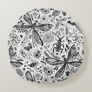 Cojín Redondo Bugs de garabatos en azul oscuro