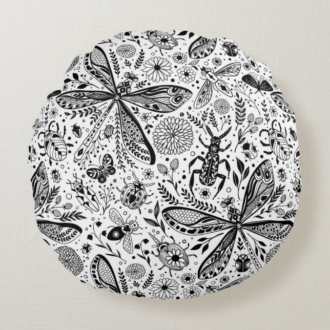 Cojín Redondo Bugs de garabatos en azul oscuro (Anverso)