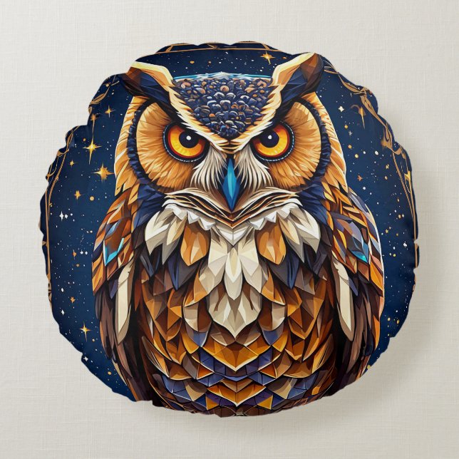 Cojín Redondo Búho geométrico con colores vibrantes (Anverso)
