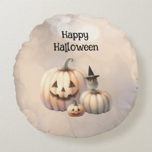 Cojín Redondo Búho pequeño y calabazas de Halloween