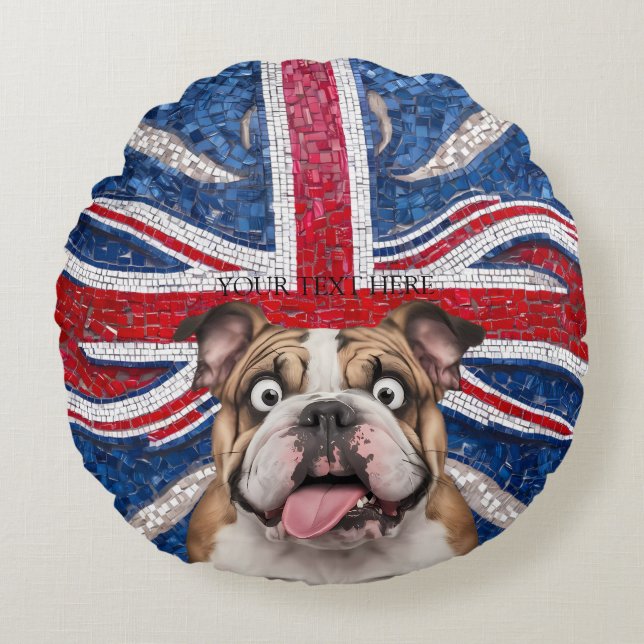 Cojín Redondo Bulldog británico con bandera de la Unión como fon (Anverso)