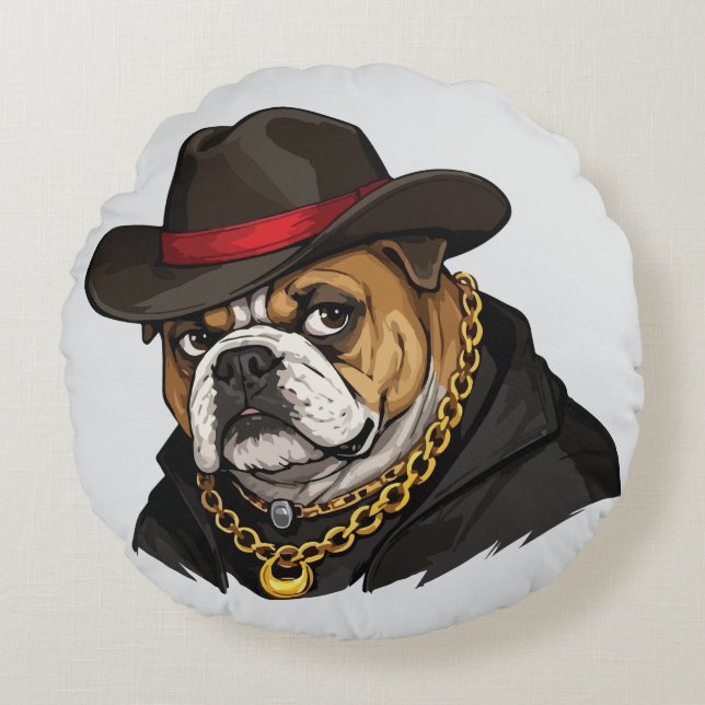 Cojín Redondo Bulldog con Estilo (Anverso)