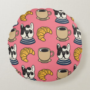 Cojín Redondo Bulldog francés, café y croissant.