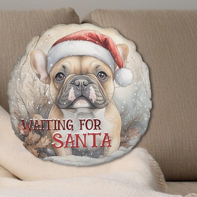 Cojín Redondo Bulldog francés esperando a los Navidades de Santa (French Bulldog Waiting For Santa Christmas Round Pillow - Personalize with your own message)