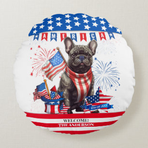 Cojín Redondo Bulldog Francés Feliz 4 De Julio Patriótico Estado