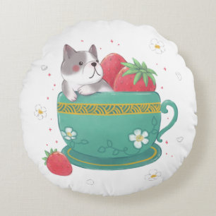 Cojín Redondo Bulldog francés, fresas y Ilustracion de la Copa