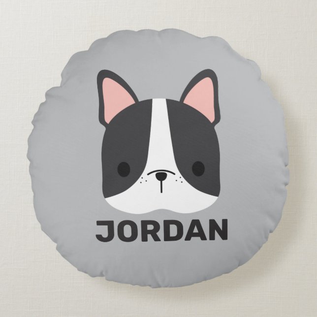 Cojín Redondo Bulldog francés lindo con nombre personalizado (Anverso)