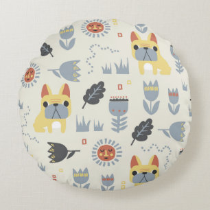 Cojín Redondo Bulldog francés: Repetición Floral Escandinava.