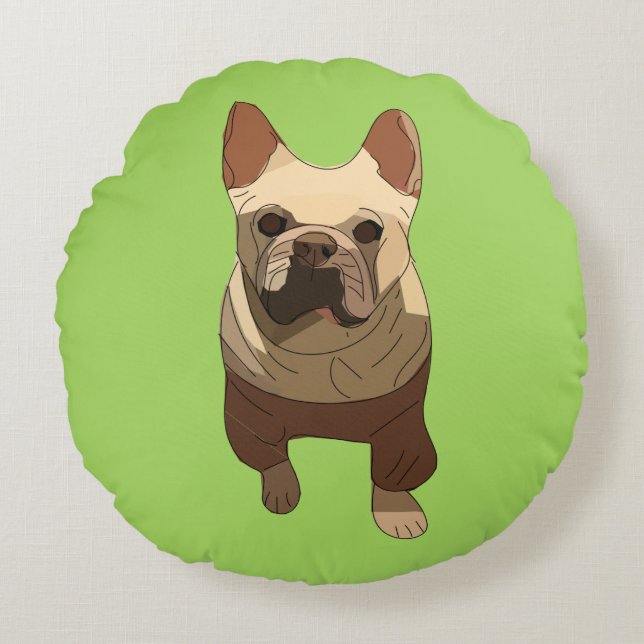 Cojín Redondo Bulldog Francés, Verde Lima (Anverso)