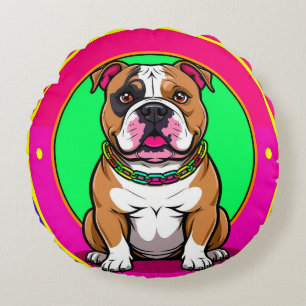 Cojín Redondo Bulldog Inglés en un Fondo Vibrante