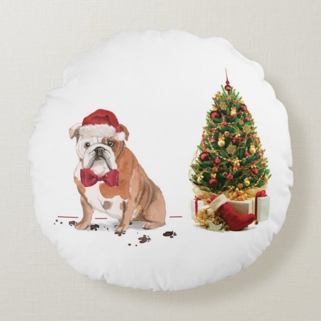 Cojín Redondo Bulldog inglés Navidades graciosos perro con árbol (Anverso)