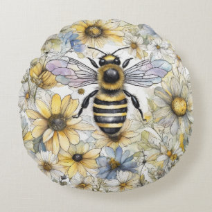 Cojín Redondo Bumble Bee primavera pintado con flores.