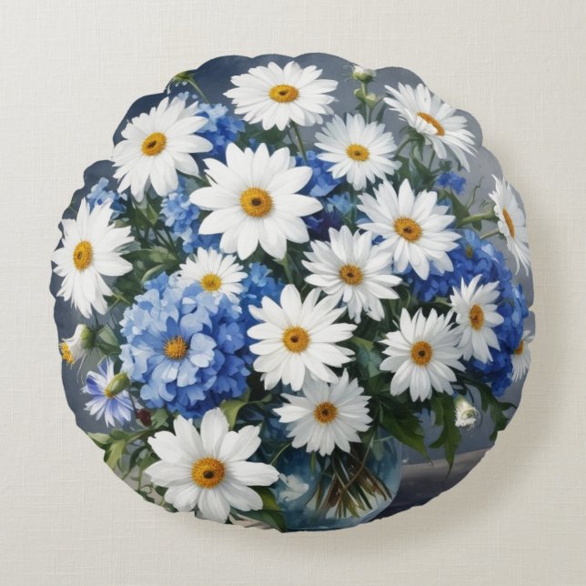 Cojín Redondo Bunch of Flowers Elegant Daisies Watercolor (Anverso)