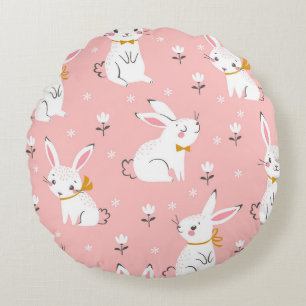 Cojín Redondo Bunnies blancos: Floral sin foco