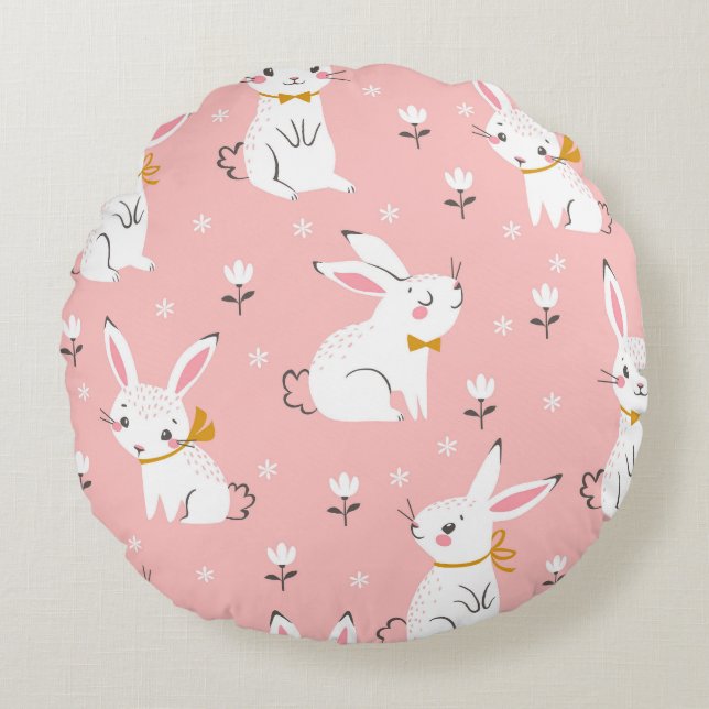 Cojín Redondo Bunnies blancos: Floral sin foco (Anverso)