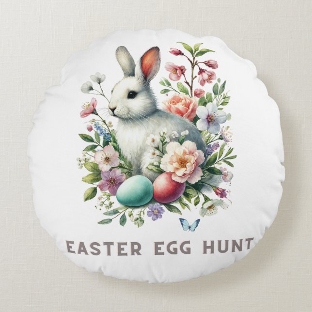 Cojín Redondo Bunny and Flowers de cuatricromía de Pascua (Anverso)
