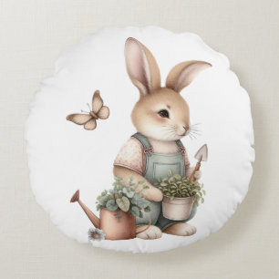 Cojín Redondo Bunny de jardín marrón en overalls