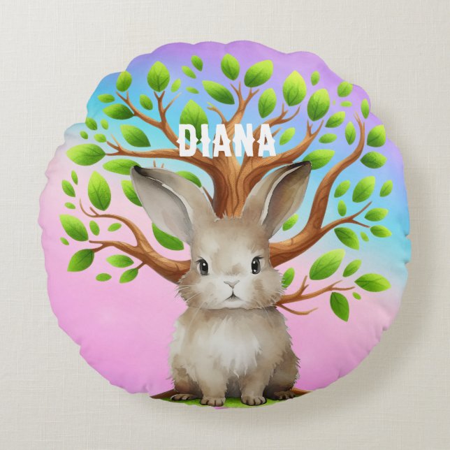 Cojín Redondo Bunny multicoloreado personalizado (Anverso)