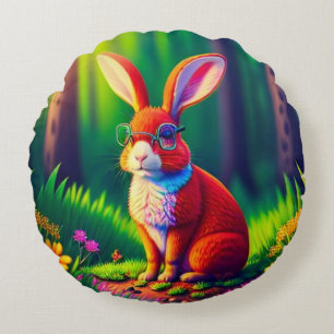 Cojín Redondo Bunny rojo sentado en la hierba