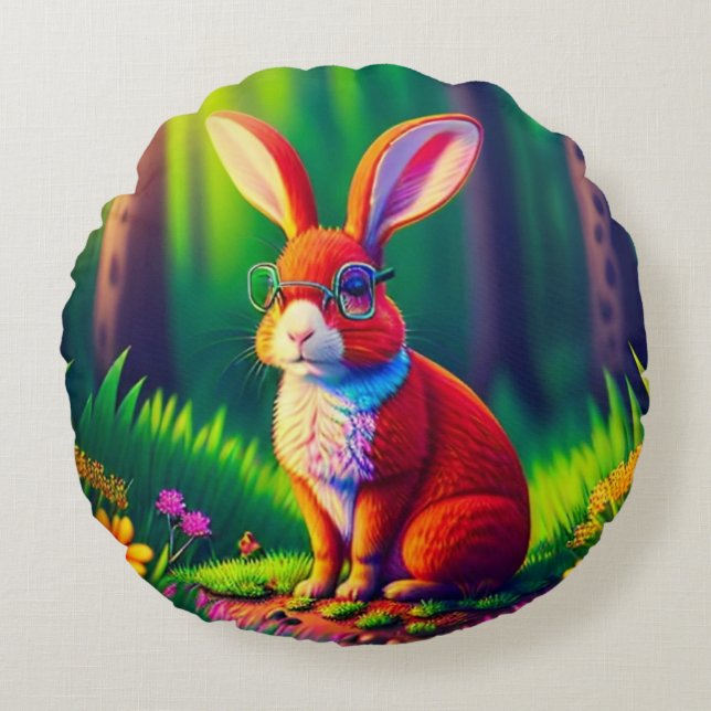 Cojín Redondo Bunny rojo sentado en la hierba (Anverso)
