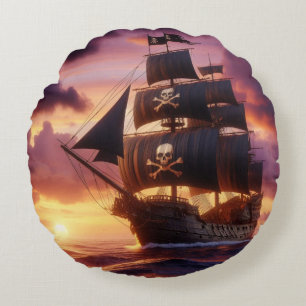 Cojín Redondo Buque pirata al amanecer
