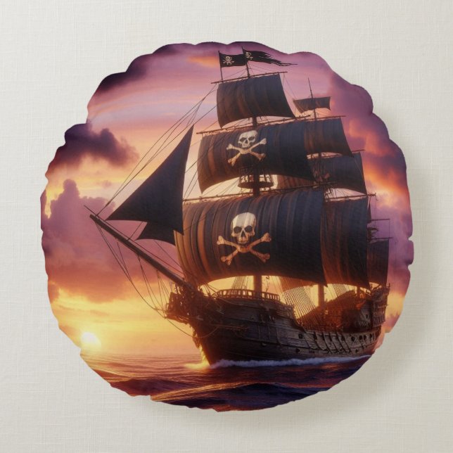 Cojín Redondo Buque pirata al amanecer (Anverso)