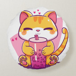 Cojín Redondo Burbuja de Té Gatito