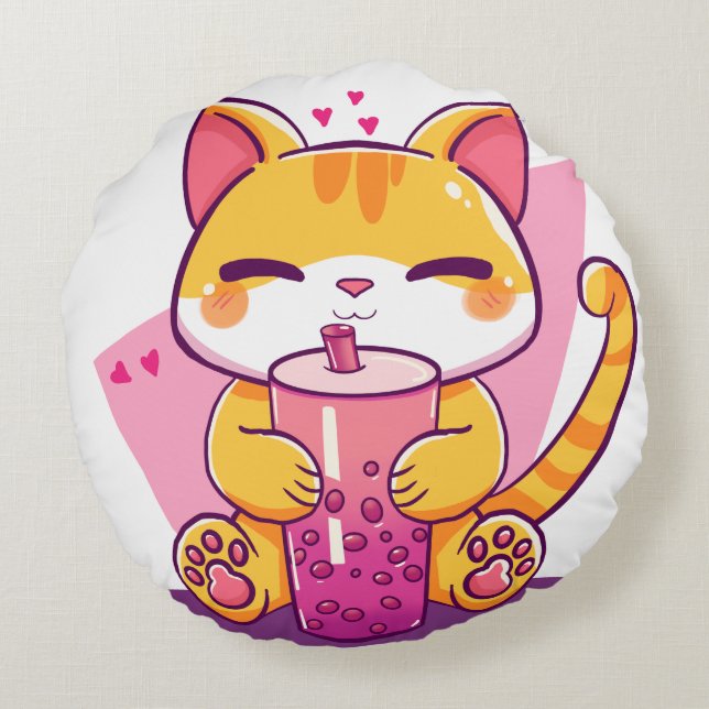 Cojín Redondo Burbuja de Té Gatito (Reverso)