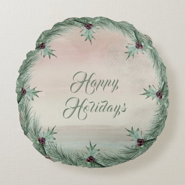 Cojín Redondo Burgundy Berry Holly Pine Christmas Round Pillow (Anverso)