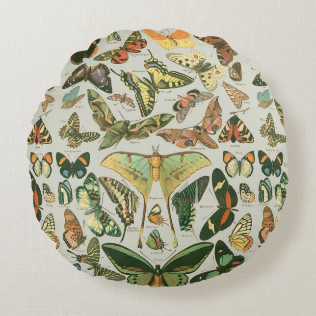 Cojín Redondo Butterfly Vintage Antiguo Butterflies Art (Anverso)