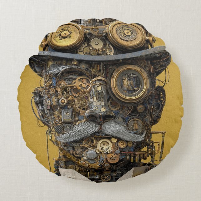 Cojín Redondo Caballero Mecánico Steampunk (Anverso)