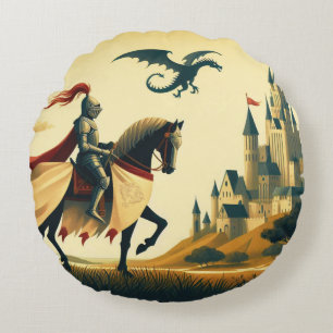 Cojín Redondo Caballero medieval/dragón/fantasía de castillo